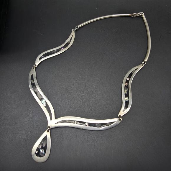 Alapaca Mexico Abalone Shell Inlay Necklace Collar Tear Drop Pendant - Picture 2 of 10